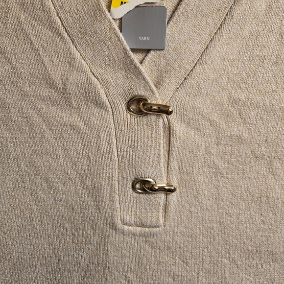 Charter Club Womens M Beige Metalic Thread Sparkle Cotton Henley Sweater Buckle - Picture 6 of 9